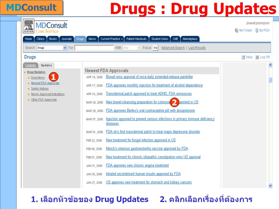 Drugs : Drug Updates 1. เลือกหัวข้อของ Drug Updates 2. คลิกเลือกเรื่องที่ต้องการ 1 2 MDConsult