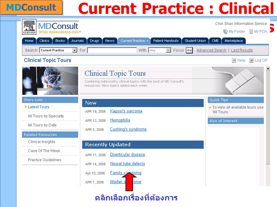Current Practice : Clinical Topic Tours คลิกเลือกเรื่องที่ต้องการ MDConsult