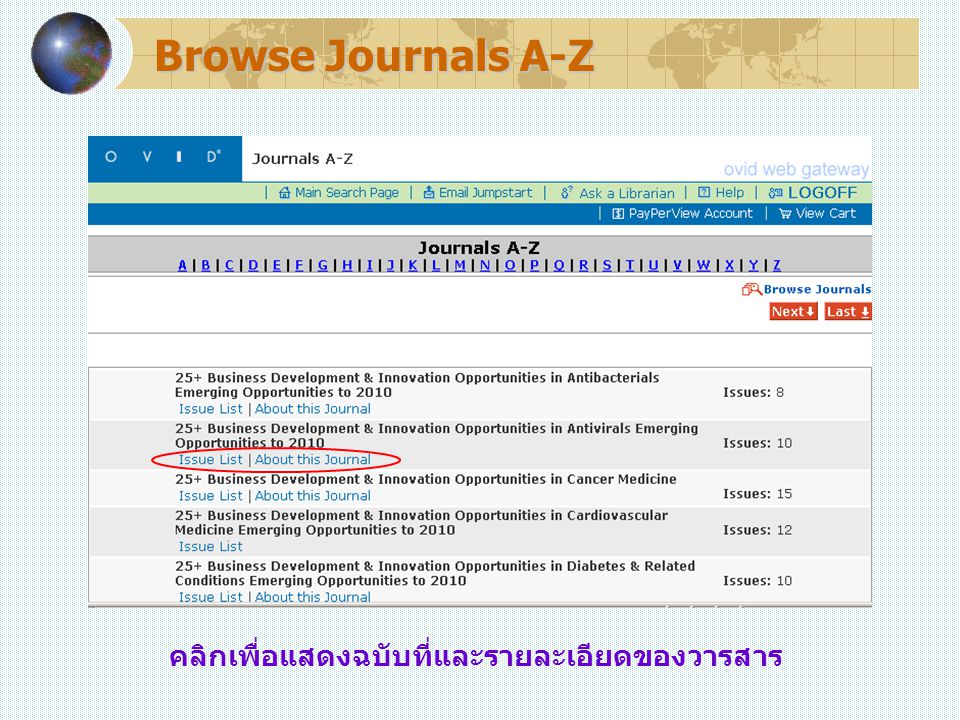 Browse Journals A-Z คลิกเพื่อแสดงฉบับที่และรายละเอียดของวารสาร