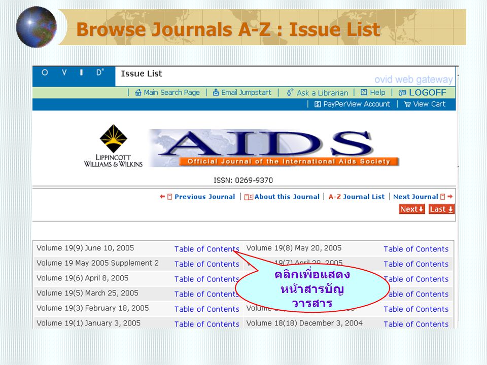คลิกเพื่อแสดง หน้าสารบัญ วารสาร Browse Journals A-Z : Issue List
