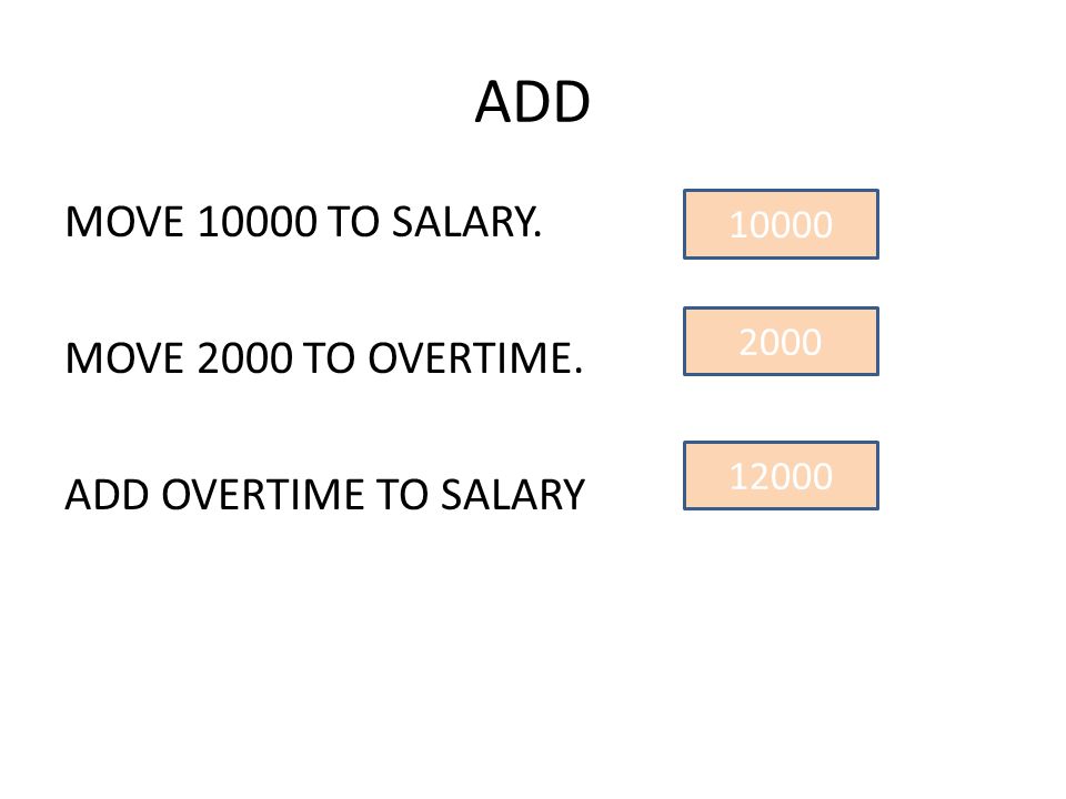 ADD MOVE TO SALARY. MOVE 2000 TO OVERTIME. ADD OVERTIME TO SALARY