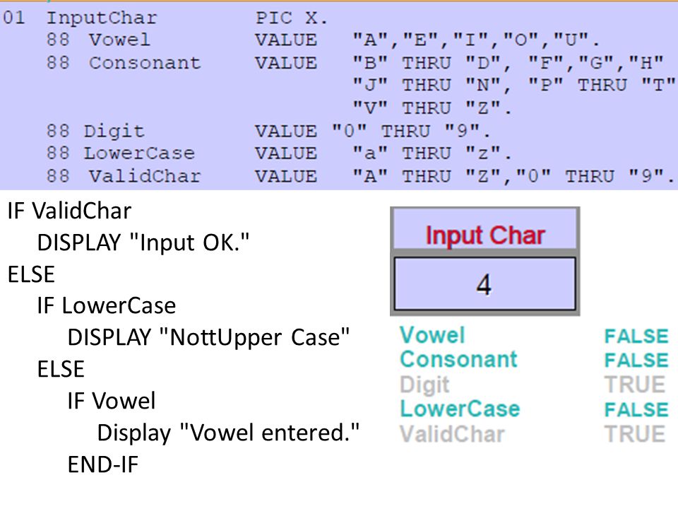 IF ValidChar DISPLAY Input OK. ELSE IF LowerCase DISPLAY NottUpper Case ELSE IF Vowel Display Vowel entered. END-IF