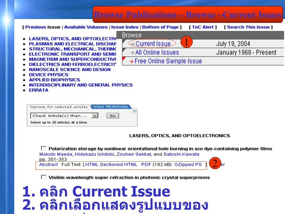 Browse Publications – Browse –Current Issues 2. คลิกเลือกแสดงรูปแบบของ บทความที่ต้องการ 1.