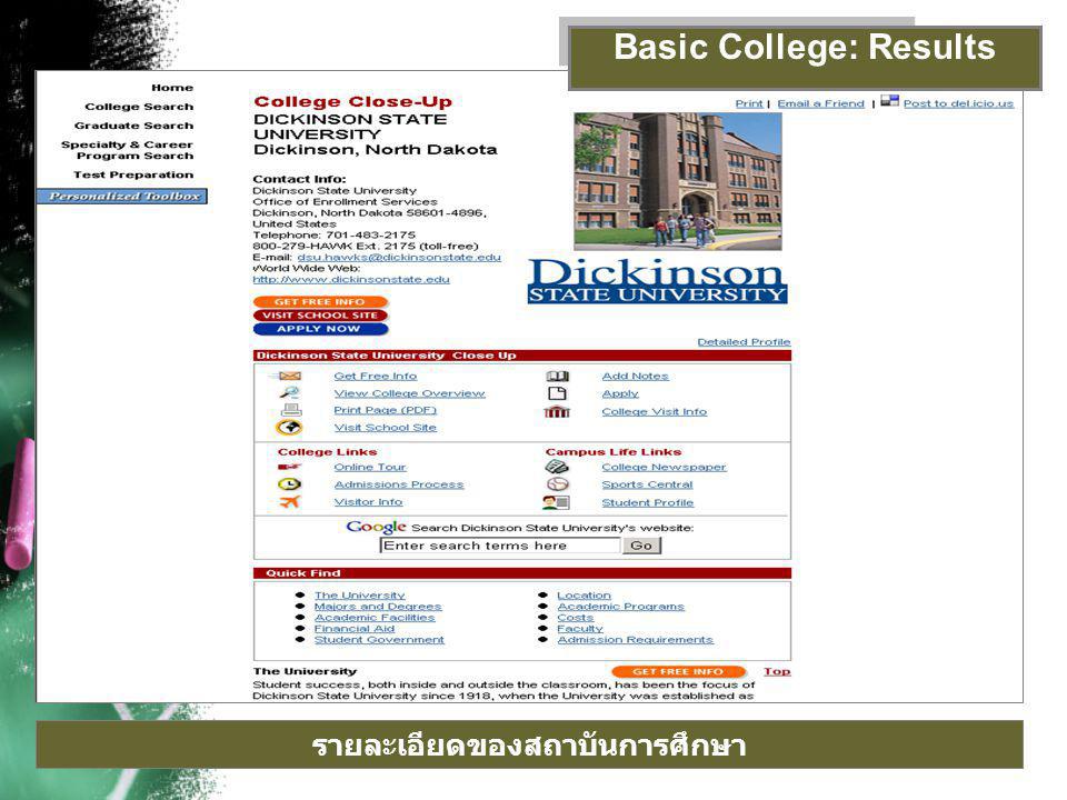 รายละเอียดของสถาบันการศึกษา Basic College: Results