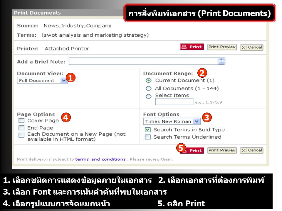 การสั่งพิมพ์เอกสาร (Print Documents) 1. เลือกชนิดการแสดงข้อมูลภายในเอกสาร2.