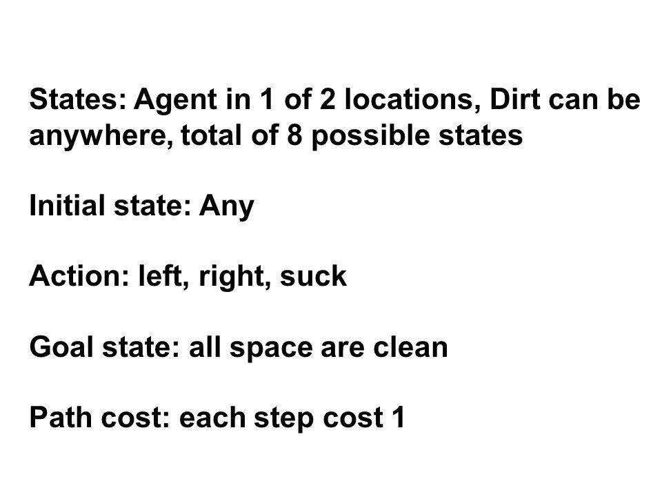 States: Agent in 1 of 2 locations, Dirt can be anywhere, total of 8 possible states Initial state: Any Action: left, right, suck Goal state: all space are clean Path cost: each step cost 1