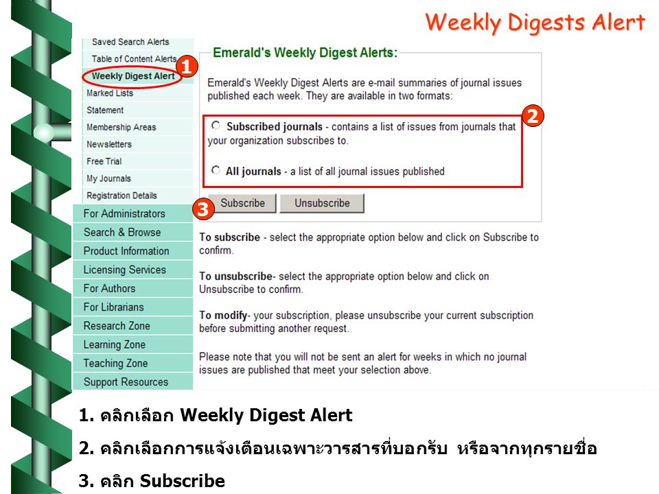 Weekly Digests Alert 2. คลิกเลือกการแจ้งเตือนเฉพาะวารสารที่บอกรับ หรือจากทุกรายชื่อ