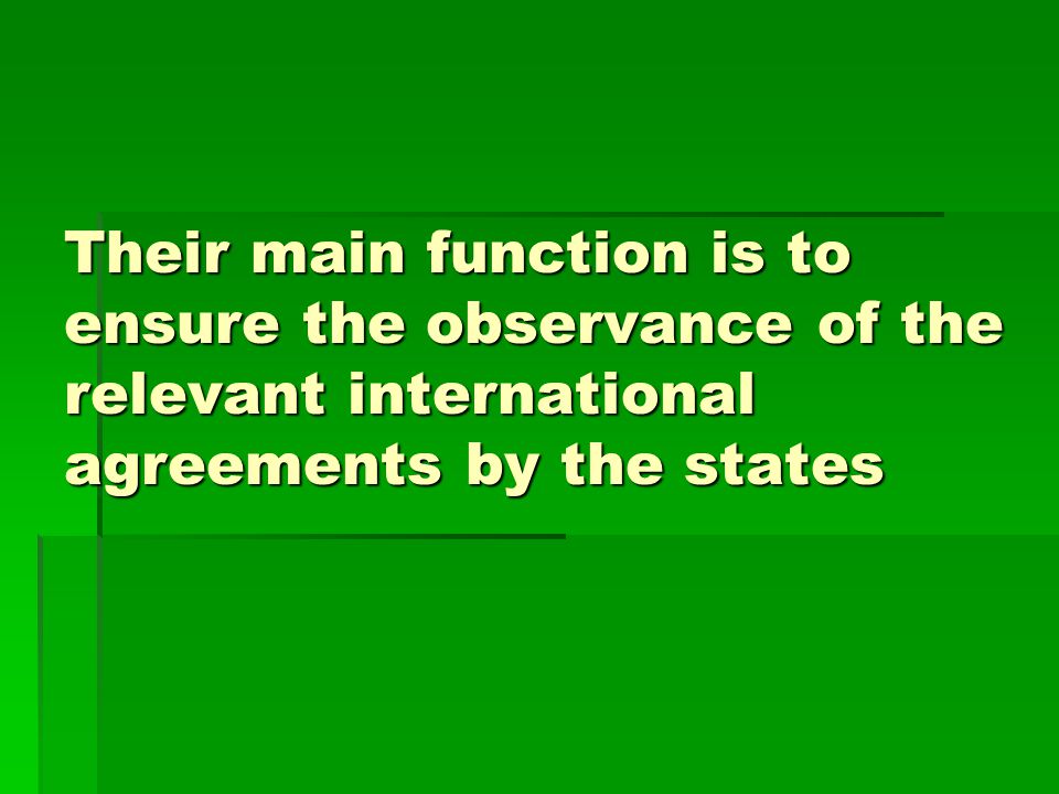 Their main function is to ensure the observance of the relevant international agreements by the states