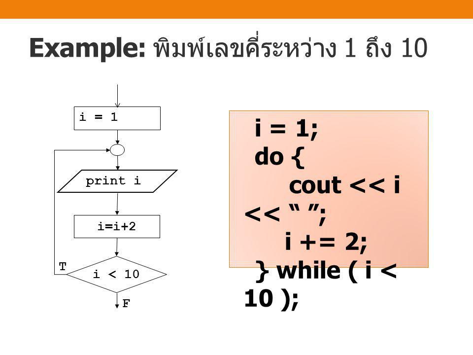 Example: หาผลรวมของเลข 1 ถึง 10 i = 0 sum = 0 sum=sum+i i=i+1 F i<10 T sum = 0; i = 0; do { i++; sum += i; } while ( i < 10 ); cout << sum << endl;