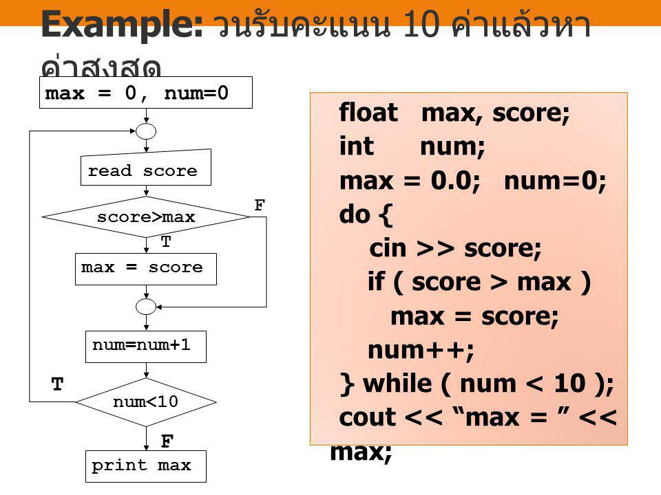 Example: พิมพ์เลขคี่ระหว่าง 1 ถึง 10 i = 1; do { cout << i << ; i += 2; } while ( i < 10 ); i = 1 i=i+2 print i T F i < 10