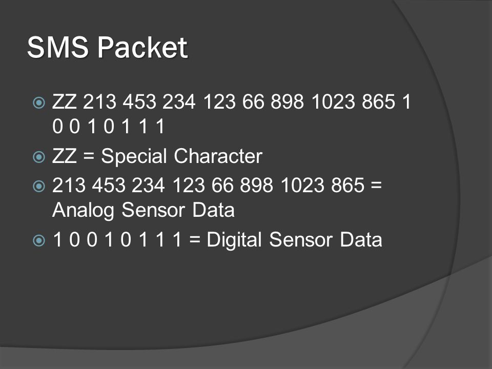 SMS Packet  ZZ  ZZ = Special Character  = Analog Sensor Data  = Digital Sensor Data