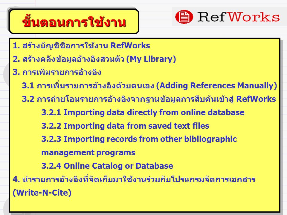 ขั้นตอนการใช้งาน 1. สร้างบัญชีชื่อการใช้งาน RefWorks 2.