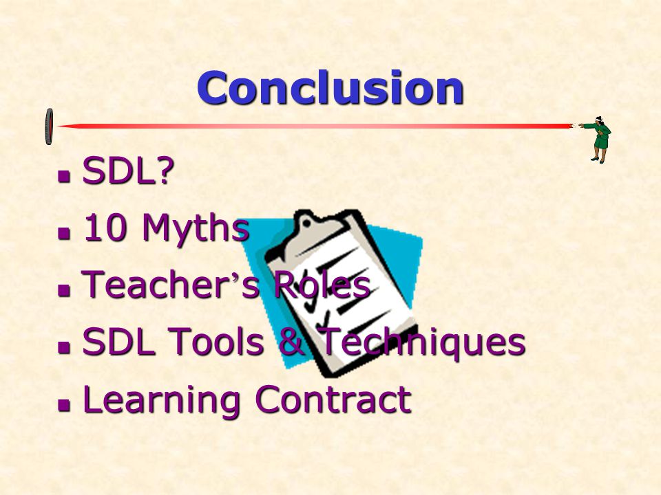 Conclusion  SDL  10 Myths  Teacher ’ s Roles  SDL Tools & Techniques  Learning Contract
