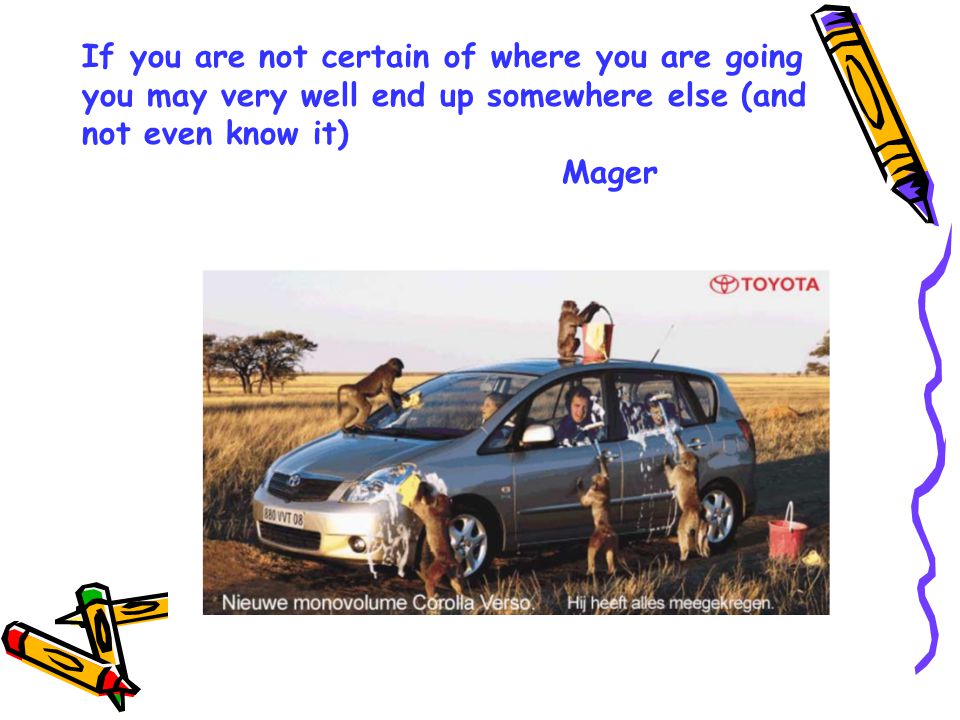 If you are not certain of where you are going you may very well end up somewhere else (and not even know it) Mager