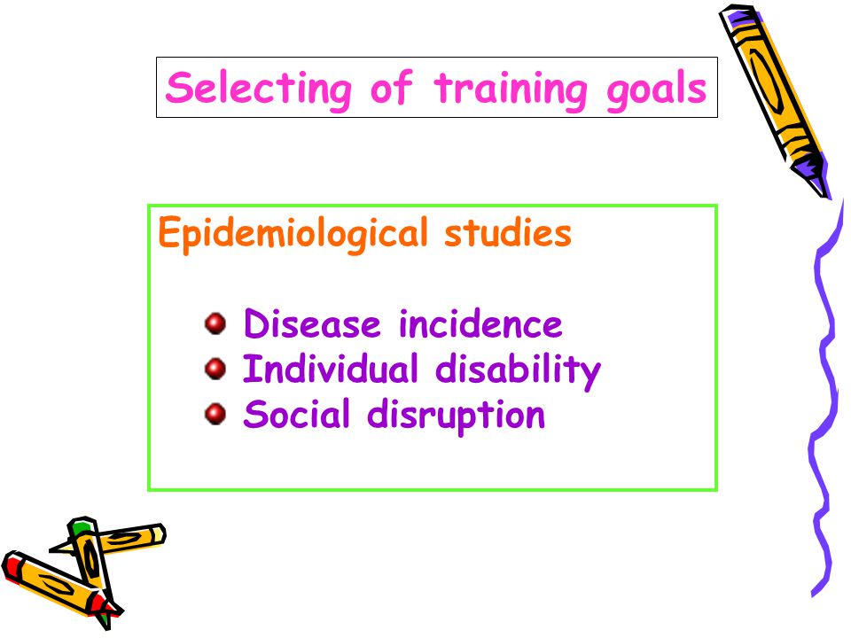 Selecting of training goals Epidemiological studies Disease incidence Individual disability Social disruption
