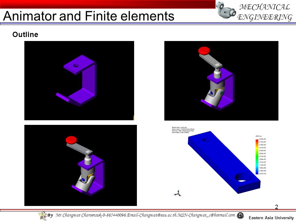 2 MECHANICAL ENGINEERING Eastern Asia University Animator and Finite elements By Mr.Changwat Outline
