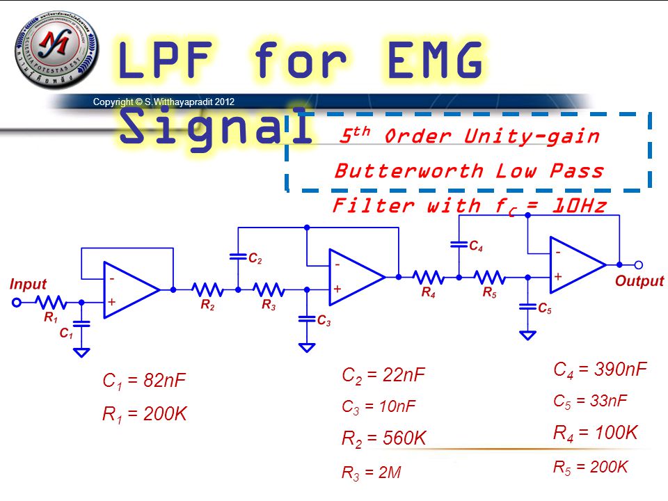 Copyright © S.Witthayapradit th Order Unity-gain Butterworth Low Pass Filter with f C = 10Hz C 1 = 82nF R 1 = 200K C 2 = 22nF C 3 = 10nF R 2 = 560K R 3 = 2M C 4 = 390nF C 5 = 33nF R 4 = 100K R 5 = 200K