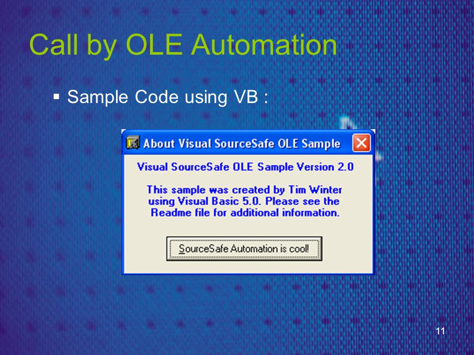 11 Call by OLE Automation  Sample Code using VB :