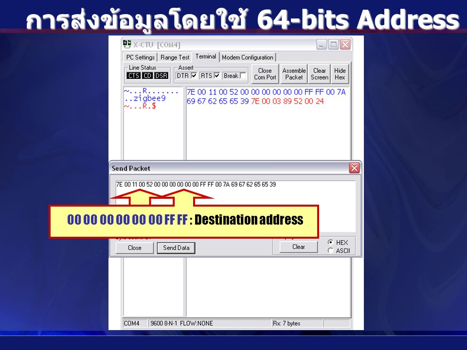 การส่งข้อมูลโดยใช้ 64-bits Address แบบ Broadcast 00 : API identifier FF FF : Destination address