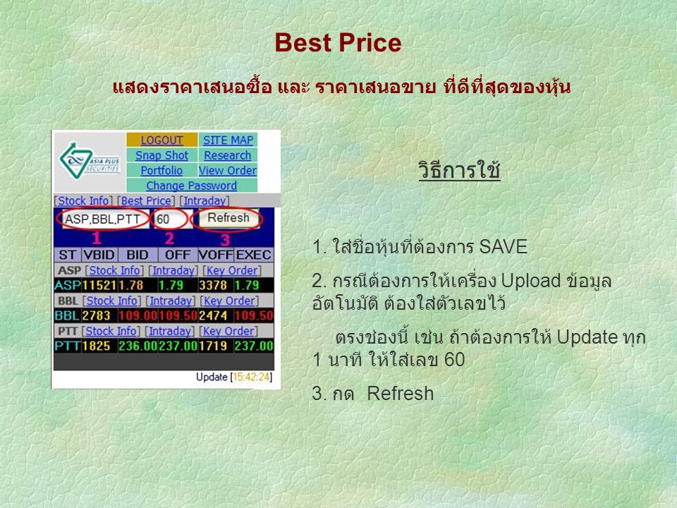 Best Price แสดงราคาเสนอซื้อ และ ราคาเสนอขาย ที่ดีที่สุดของหุ้น วิธีการใช้ 1.
