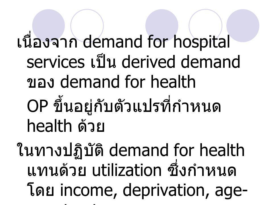 เนื่องจาก demand for hospital services เป็น derived demand ของ demand for health OP ขึ้นอยู่กับตัวแปรที่กำหนด health ด้วย ในทางปฏิบัติ demand for health แทนด้วย utilization ซึ่งกำหนด โดย income, deprivation, age- sex structure