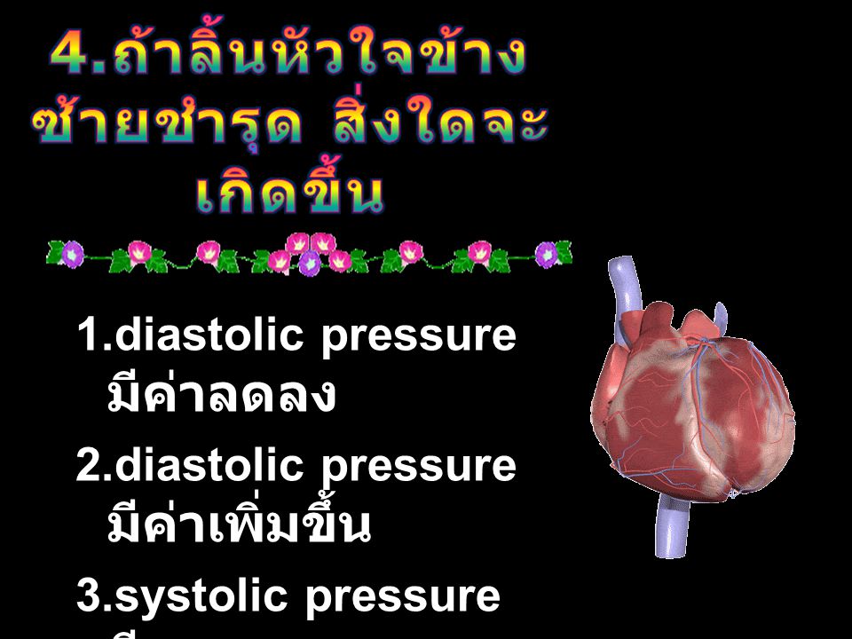 1.diastolic pressure มีค่าลดลง 2.diastolic pressure มีค่าเพิ่มขึ้น 3.systolic pressure มีลดลง 4.systolic pressure มีค่าเพิ่มขึ้น