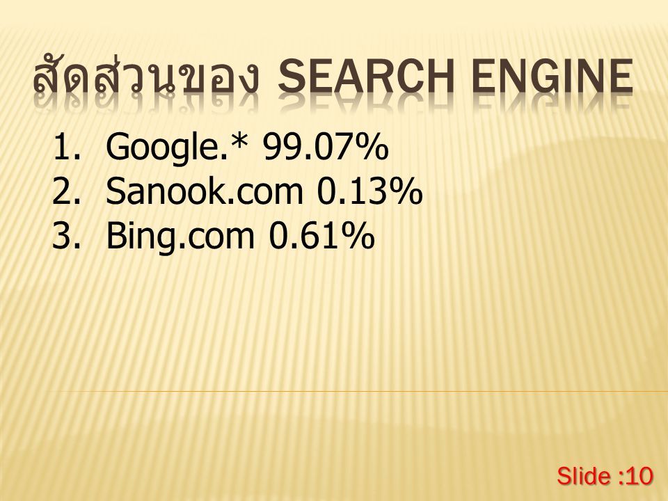 1.Google.* 99.07% 2.Sanook.com 0.13% 3.Bing.com 0.61% Slide :10