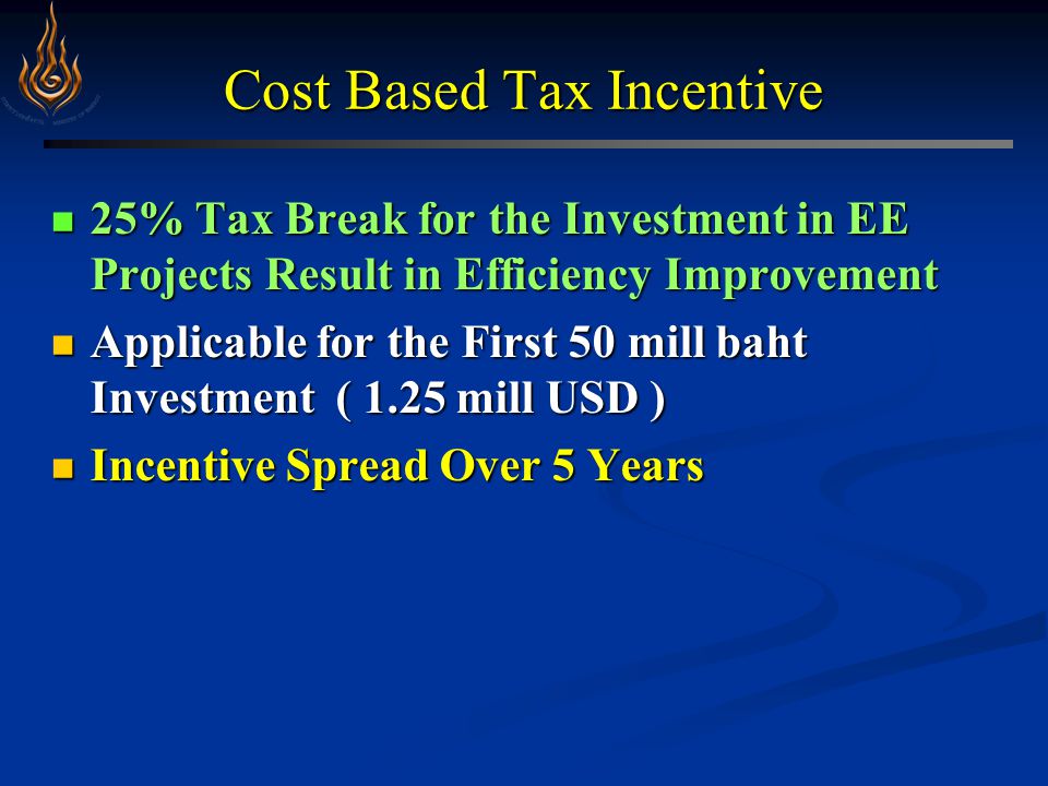 Cost Based Tax Incentive 25% Tax Break for the Investment in EE Projects Result in Efficiency Improvement 25% Tax Break for the Investment in EE Projects Result in Efficiency Improvement Applicable for the First 50 mill baht Investment ( 1.25 mill USD ) Applicable for the First 50 mill baht Investment ( 1.25 mill USD ) Incentive Spread Over 5 Years Incentive Spread Over 5 Years