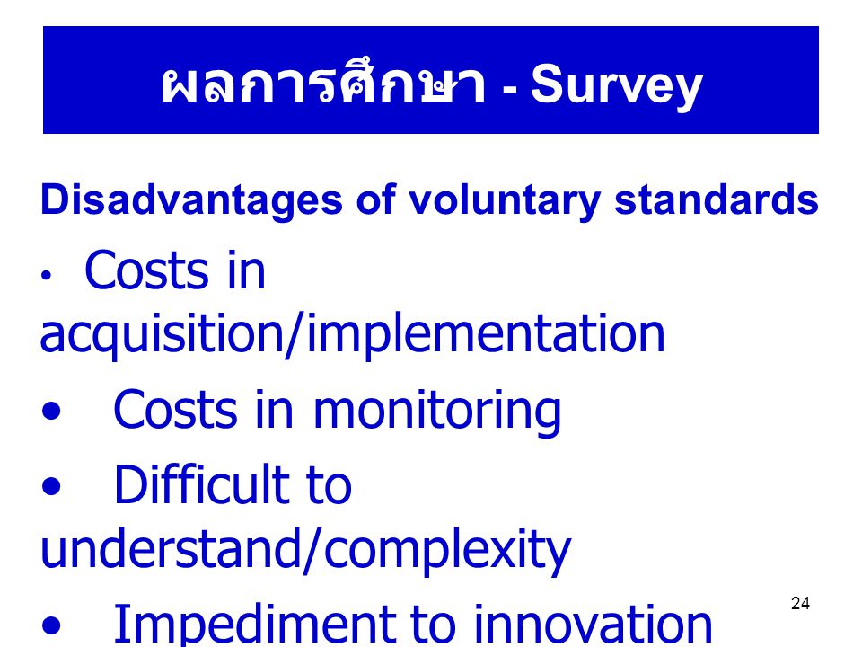 24 ผลการศึกษา - Survey Disadvantages of voluntary standards Costs in acquisition/implementation Costs in monitoring Difficult to understand/complexity Impediment to innovation