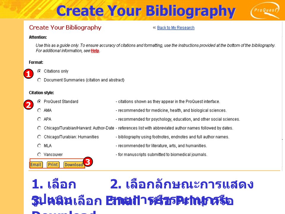 Create Your Bibliography 1. เลือก รูปแบบ 2. เลือกลักษณะการแสดง รายการบรรณานุกรม 3.