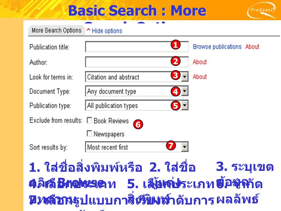 Basic Search : More Search Options 1. ใส่ชื่อสิ่งพิมพ์หรือ คลิก Browse 2.