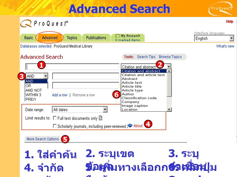 Advanced Search 2. ระบุเขต ข้อมูล 1. ใส่คำค้น 3.