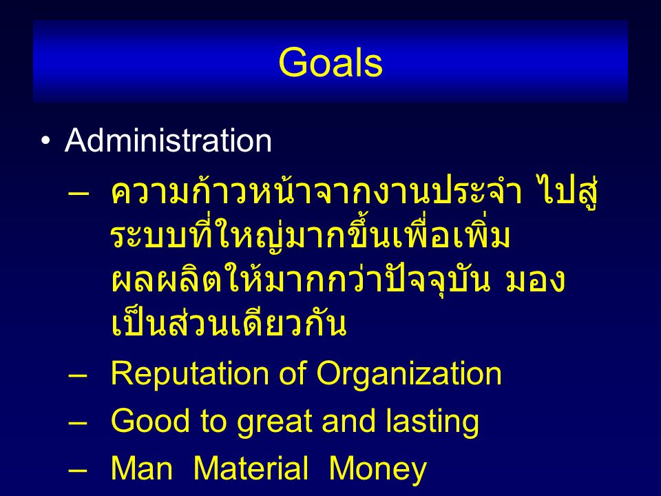 Goals Administration – ความก้าวหน้าจากงานประจำ ไปสู่ ระบบที่ใหญ่มากขึ้นเพื่อเพิ่ม ผลผลิตให้มากกว่าปัจจุบัน มอง เป็นส่วนเดียวกัน –Reputation of Organization –Good to great and lasting –Man Material Money