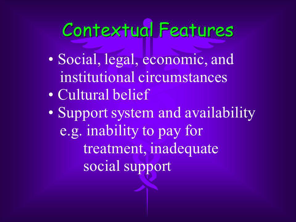 Contextual Features Social, legal, economic, and institutional circumstances Cultural belief Support system and availability e.g.