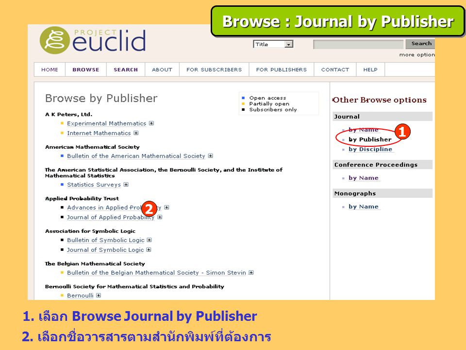 1. เลือก Browse Journal by Publisher 2.