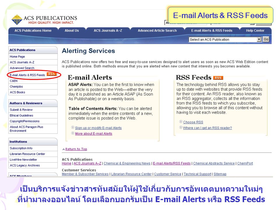 เป็นบริการแจ้งข่าวสารทันสมัยให้ผู้ใช้เกี่ยวกับการอัพเดตบทความใหม่ๆ ที่นำมาลงออนไลน์ โดยเลือกบอกรับเป็น  Alerts หรือ RSS Feeds  Alerts & RSS Feeds