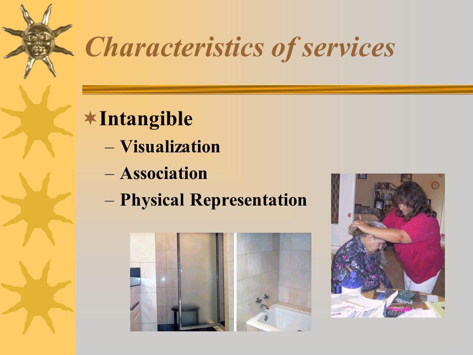 Characteristics of services  Intangible –Visualization –Association –Physical Representation