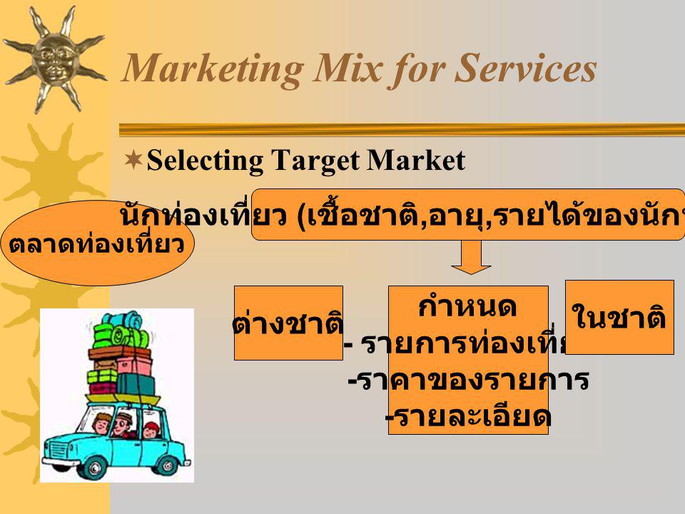 Marketing Mix for Services  Selecting Target Market ตลาดท่องเที่ยว นักท่องเที่ยว ( เชื้อชาติ, อายุ, รายได้ของนักท่องเที่ยว ) กำหนด - รายการท่องเที่ยว - ราคาของรายการ - รายละเอียด ต่างชาติ ในชาติ
