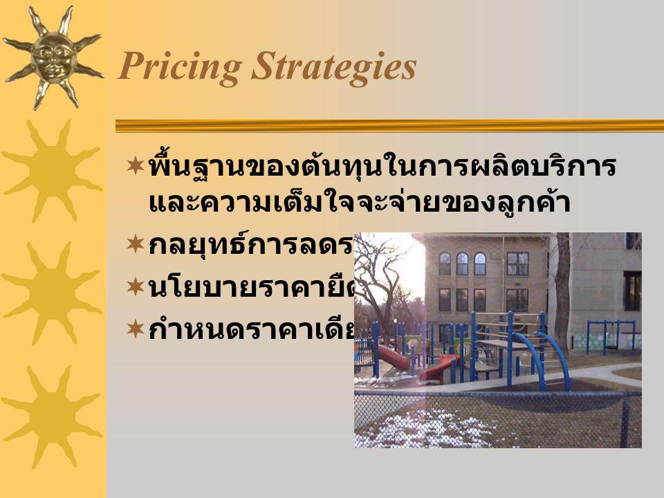 Pricing Strategies  พื้นฐานของต้นทุนในการผลิตบริการ และความเต็มใจจะจ่ายของลูกค้า  กลยุทธ์การลดราคา  นโยบายราคายืดหยุ่น  กำหนดราคาเดียว