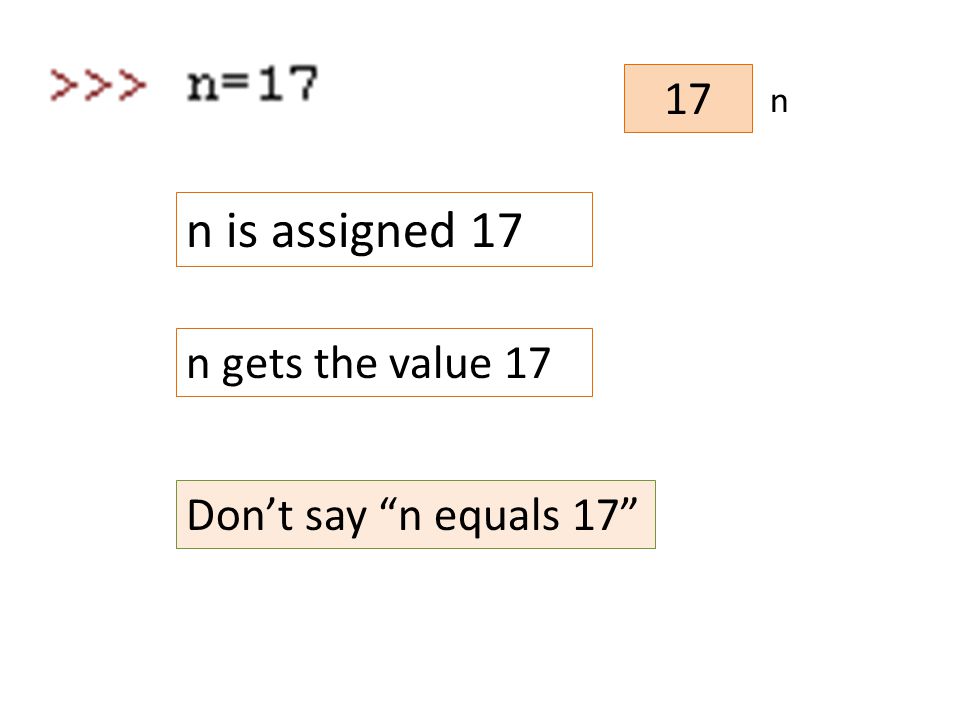 17 n n is assigned 17 n gets the value 17 Don’t say n equals 17