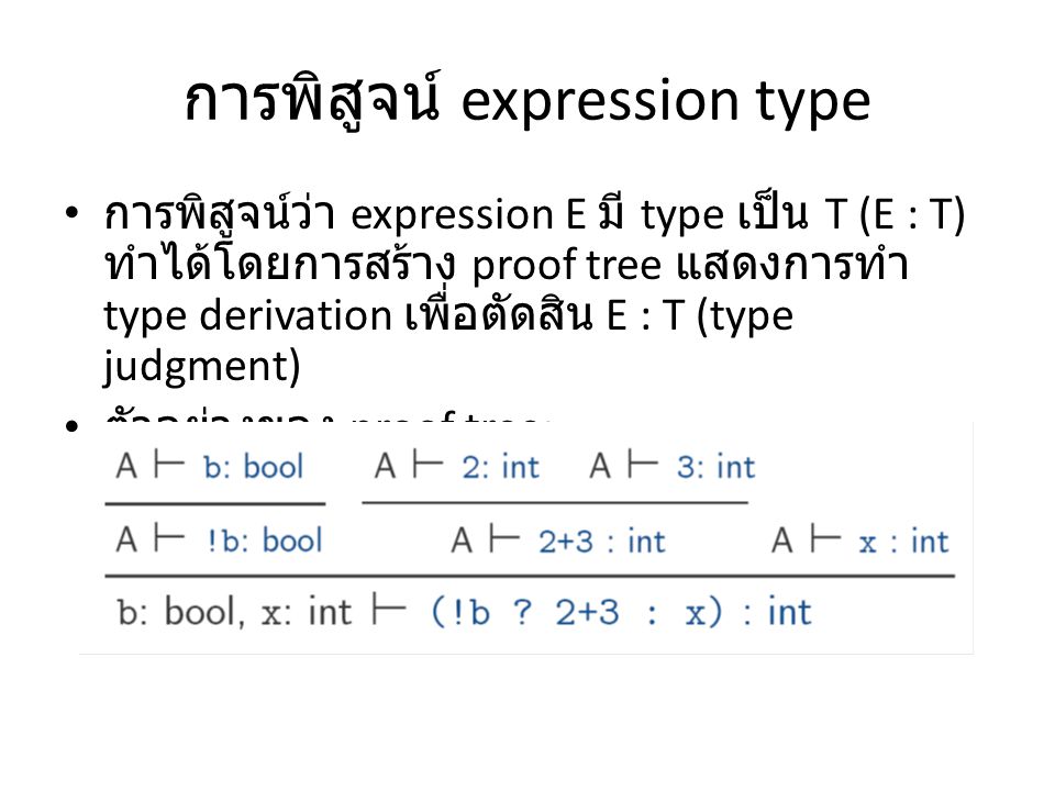 การพิสูจน์ expression type การพิสูจน์ว่า expression E มี type เป็น T (E : T) ทำได้โดยการสร้าง proof tree แสดงการทำ type derivation เพื่อตัดสิน E : T (type judgment) ตัวอย่างของ proof tree: