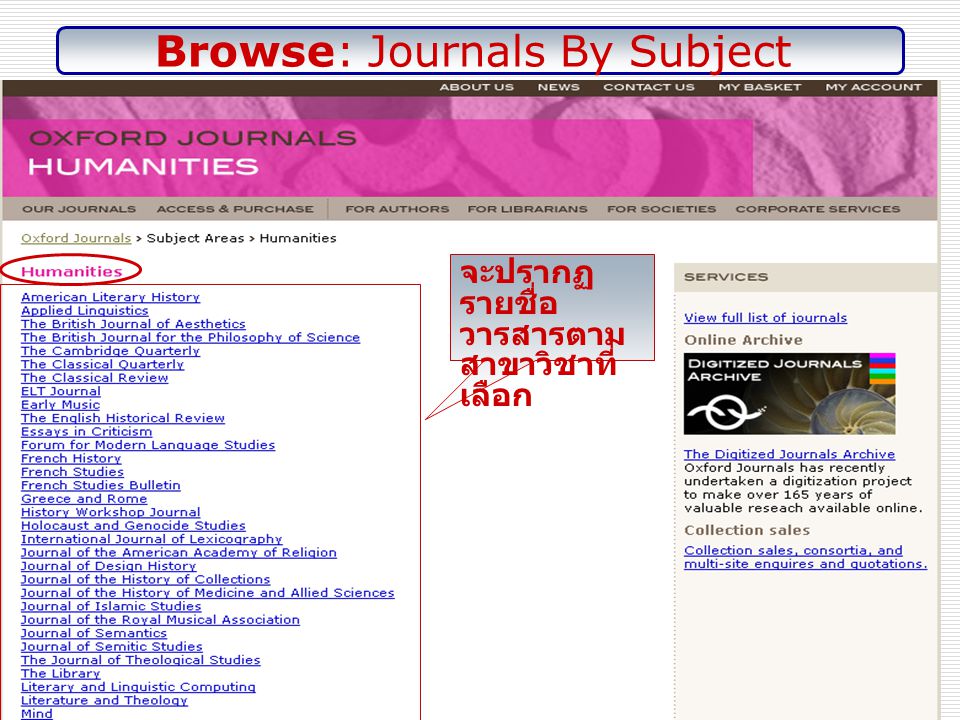 Browse: Journals By Subject จะปรากฏ รายชื่อ วารสารตาม สาขาวิชาที่ เลือก