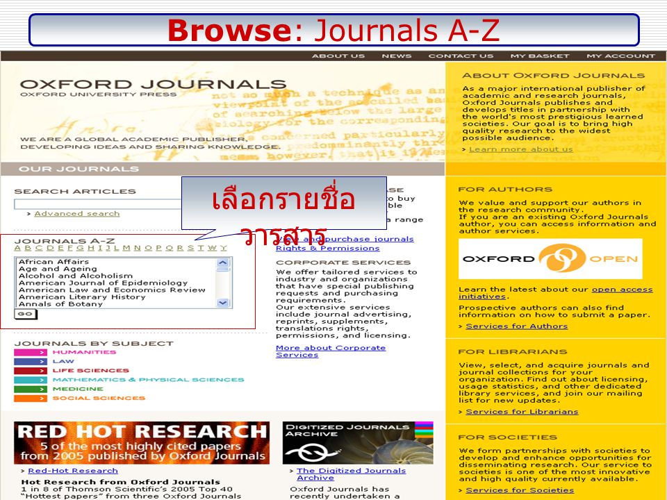 Browse: Journals A-Z เลือกรายชื่อ วารสาร