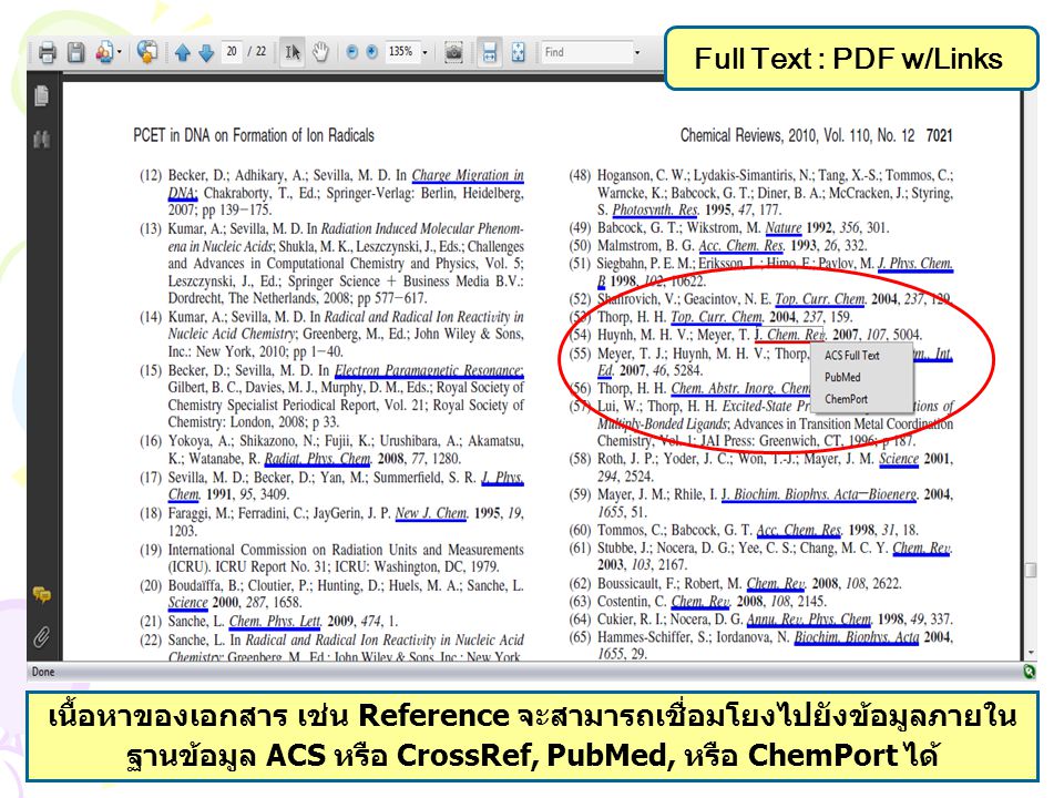 Full Text : PDF w/Links เนื้อหาของเอกสาร เช่น Reference จะสามารถเชื่อมโยงไปยังข้อมูลภายใน ฐานข้อมูล ACS หรือ CrossRef, PubMed, หรือ ChemPort ได้
