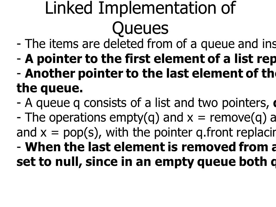 Linked Implementation of Queues - The items are deleted from of a queue and inserted at the rear.