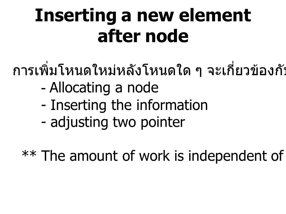 Inserting a new element after node การเพิ่มโหนดใหม่หลังโหนดใด ๆ จะเกี่ยวข้องกับขั้นตอนต่าง ๆ ดังนี้ - Allocating a node - Inserting the information - adjusting two pointer ** The amount of work is independent of the size of the list.