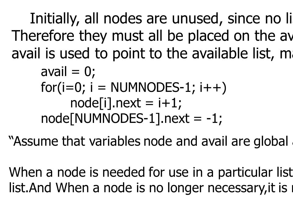 Initially, all nodes are unused, since no list have yet been formed.