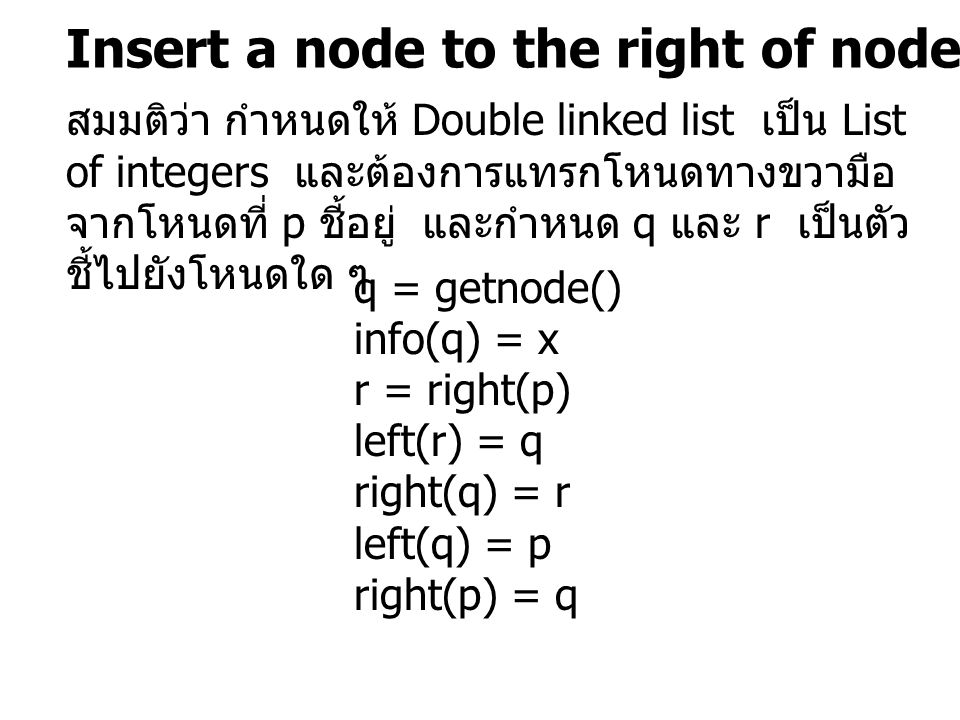Insert a node to the right of node(p) q = getnode() info(q) = x r = right(p) left(r) = q right(q) = r left(q) = p right(p) = q สมมติว่า กำหนดให้ Double linked list เป็น List of integers และต้องการแทรกโหนดทางขวามือ จากโหนดที่ p ชี้อยู่ และกำหนด q และ r เป็นตัว ชี้ไปยังโหนดใด ๆ