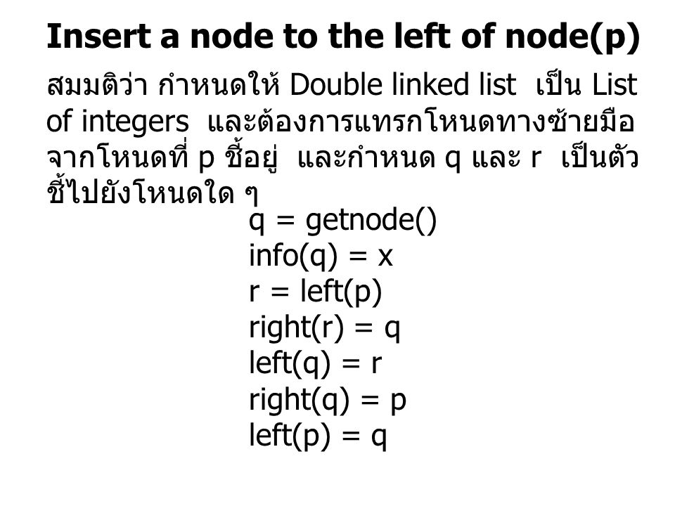 Insert a node to the left of node(p) q = getnode() info(q) = x r = left(p) right(r) = q left(q) = r right(q) = p left(p) = q สมมติว่า กำหนดให้ Double linked list เป็น List of integers และต้องการแทรกโหนดทางซ้ายมือ จากโหนดที่ p ชี้อยู่ และกำหนด q และ r เป็นตัว ชี้ไปยังโหนดใด ๆ