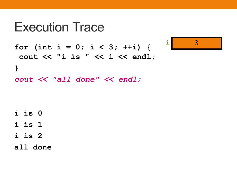 Execution Trace for (int i = 0; i < 3; ++i) { cout << i is << i << endl; } cout << all done << endl; i is 0 i is 1 i is 2 all done i 3